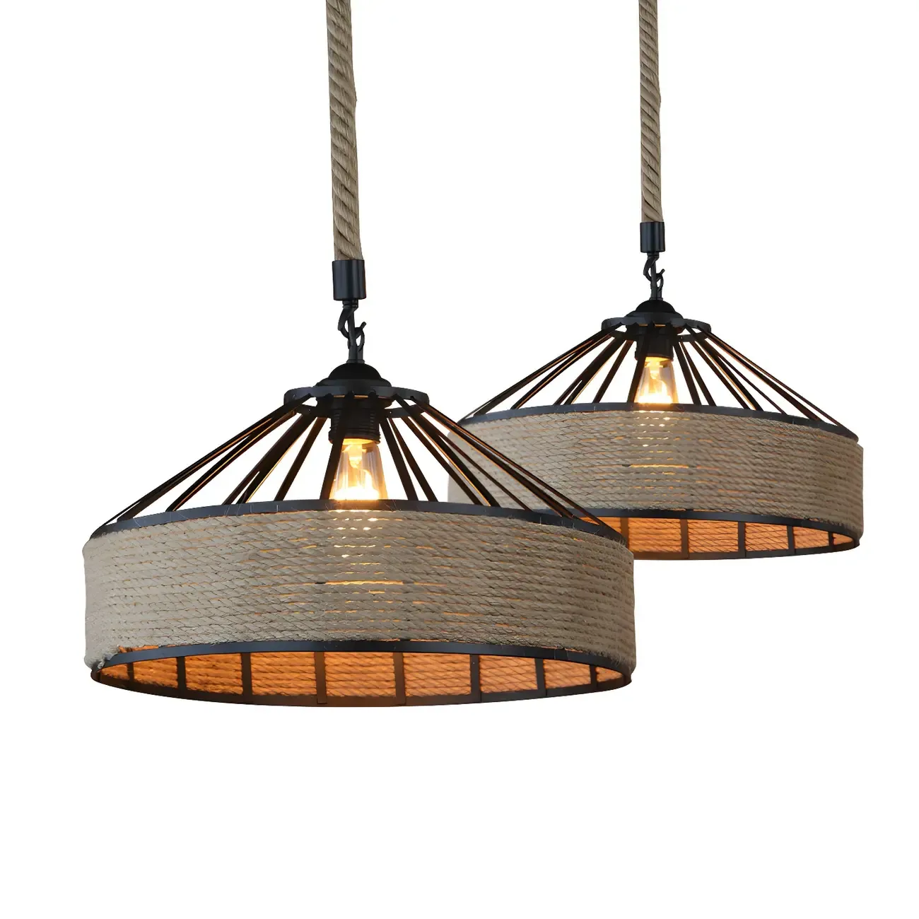 Industrial Rattan Black Metal Hemp Rope Pendant Light