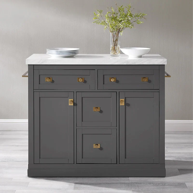 Grey Marble Top Stationary Kitchen Island