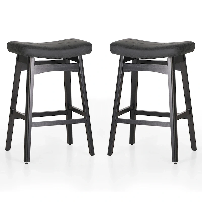 24 Inch Solid Wood Barstools with Linen / PU Leather Fabric Cushion, Set of 2