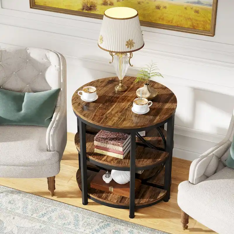 Half Round End Table, 3-Tier Half Side Table with Storage Shelves