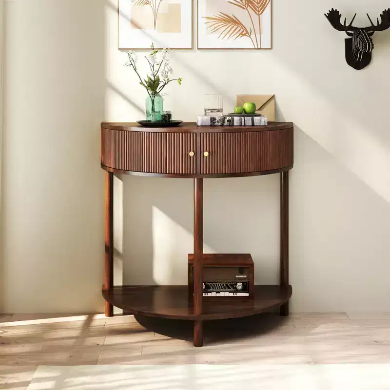 GDFStudio Kaveh Modern Wave-Pattern Half-Moon Wooden Console Table with 2 Drawers and Open Shelf