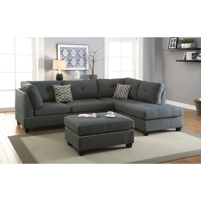 Gray Reversible Chaise Sectional Sofa with Ottoman