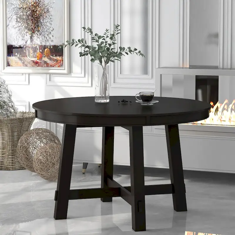 TREXM Farmhouse Round Extendable Dining Table with 16 Leaf Wood Kitchen Table