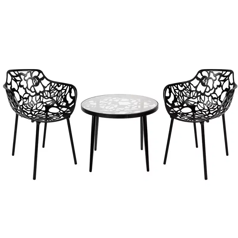 LeisureMod Devon 3-Piece Aluminum Outdoor Bistro Set - Glass Top Dining Table and 2 Stackable All-Weather Mesh Chairs