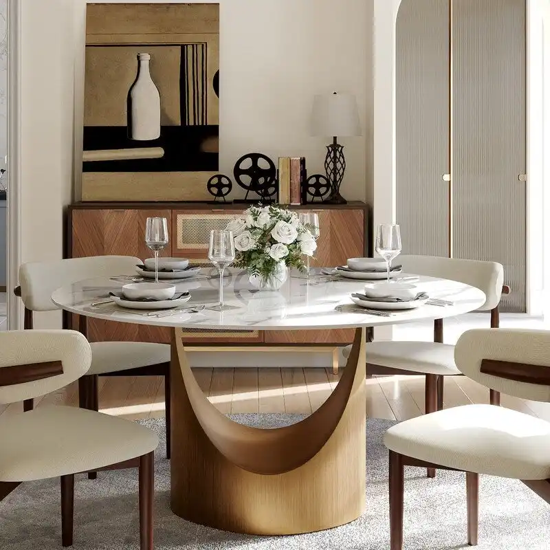 Modern Round Dining Table – White Sintered Stone Top & Bronze Carbon Pedestal