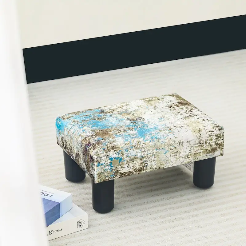 Velvet Tufted Foot Stool Ottoman – Blue / Dark Green / Paintings, Single