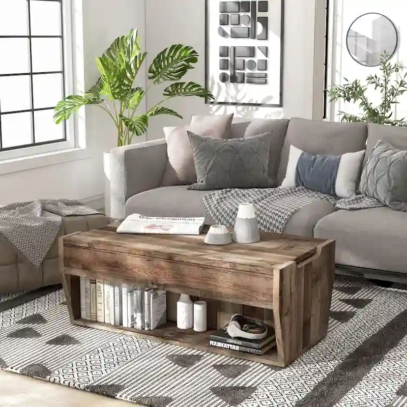 Rustic Style 41-Inch Solid Wood Lift-Top Coffee Table
