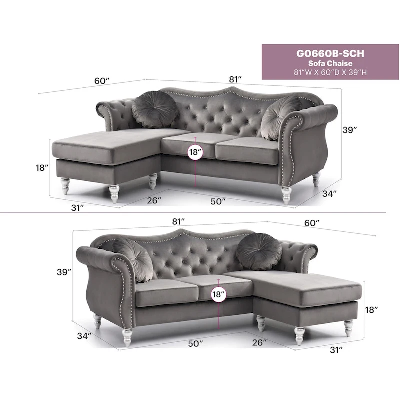 Hollywood 81 in. Velvet Chesterfield Sectional Sofa with 2-Throw Pillow - 81L x 35W x 34H