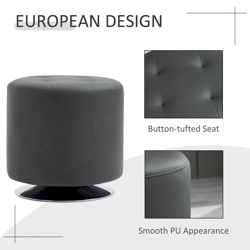 HOMCOM 360-deg Swivel Foot Stool Round PU Ottoman with Thick Sponge Padding and Solid Steel Base