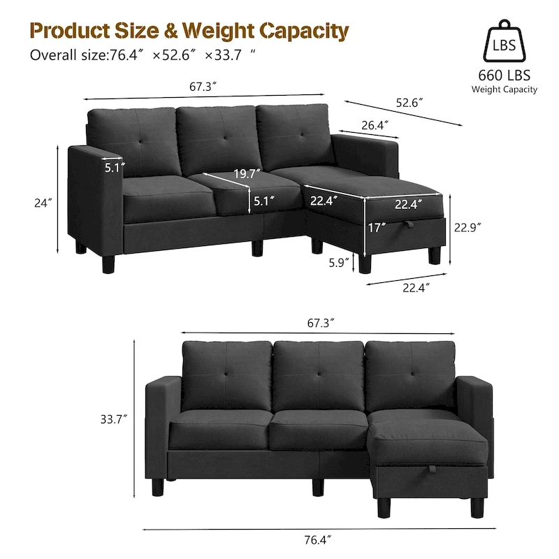 Futzca Modern L-shaped Convertible Sectional Sofa w/ Reversible Chaise