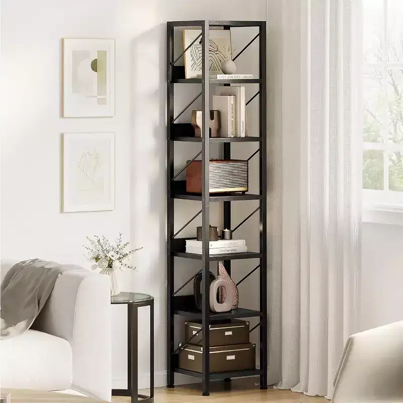 Acekool 6 Tier Narrow Bookcase, Tall Skinny Bookshelf, Rustic Corner Shelf, Industrial Small Book Shelf for Bedroom, Living Room, Office