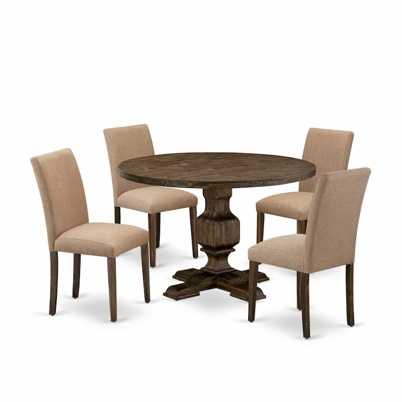 East West Furniture Round Kitchen Table with Light Sable Parsons Chairs, Distressed Jacobean