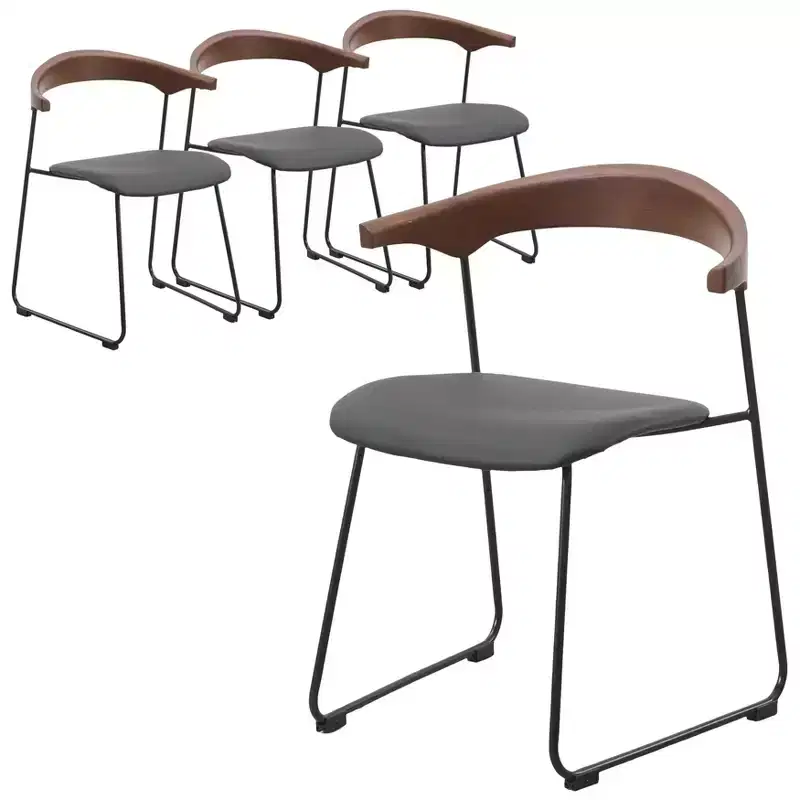 LeisureMod Upholstered Dining Chair in Leather with Beech Back and Iron Legs Set of 4 Lyra Series