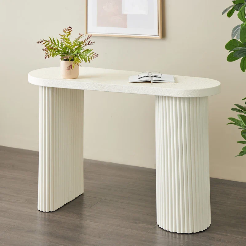 Metal Handmade Oval Console Table with Ribbed Legs - White