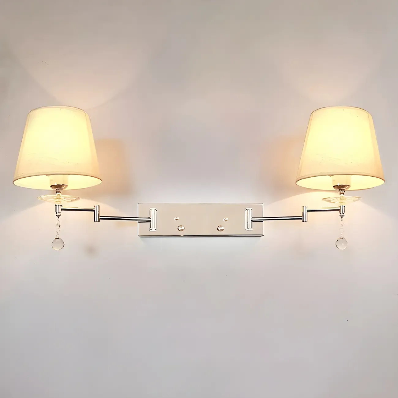 2-Light Silver Swing Arm Fabric Shade Wall Light