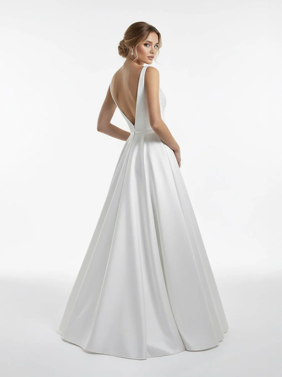 A-Line Illusion Neck Sleeveless Floor-Length Satin Wedding Dress With Pleats