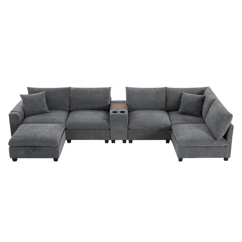 U Shaped Chenille Sofa w/Ottoman,Console,Cup Holder,Wide Seat,USB