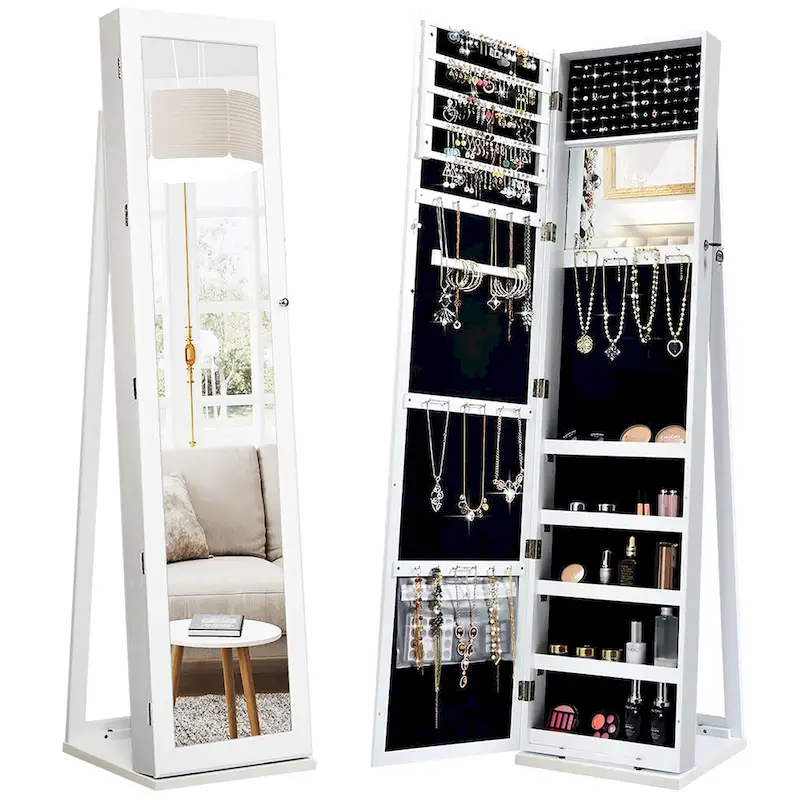 Costway Mirrored Jewelry Cabinet Armoire Lockable Standing Storage - Black - See Details