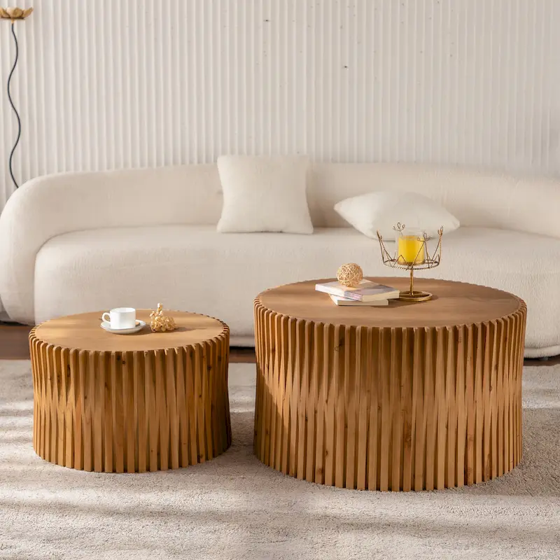 Natural Wood-Tone Cylindrical Nesting Coffee Table, Embossed Relief, Set of 2