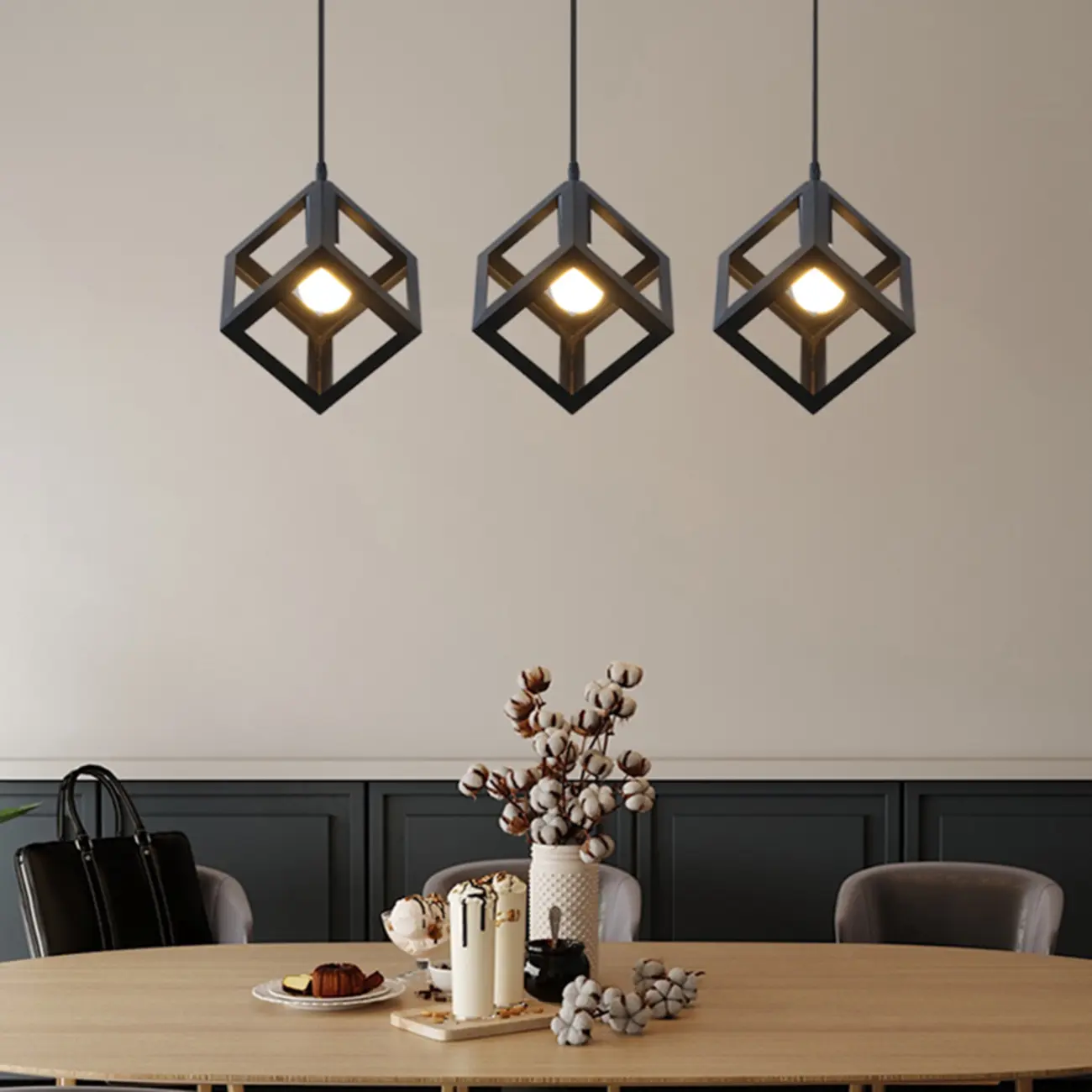 Industrial Black Metal Geometric Island Pendant Light