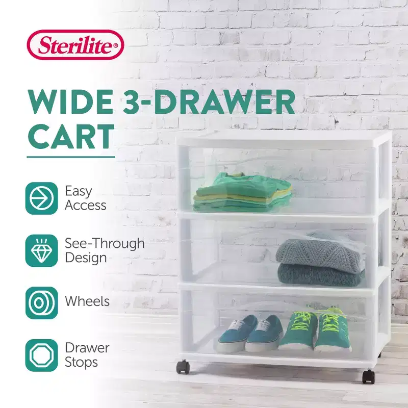 Sterilite Wide 3 Drawer Storage Cart, Plastic Rolling Organizer, White, 4 Pack