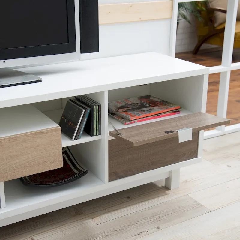 Mid-Century Modern White 70-Inch TV Console with Drawers and Cabinets