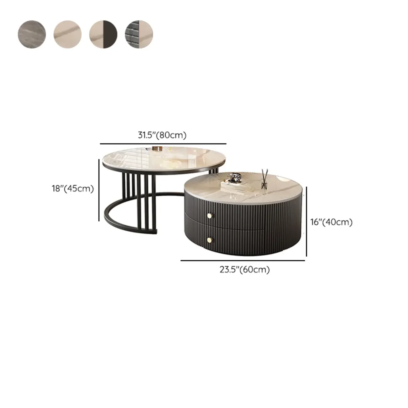 Modern White Round Nesting Coffee Table Set with Steel Base