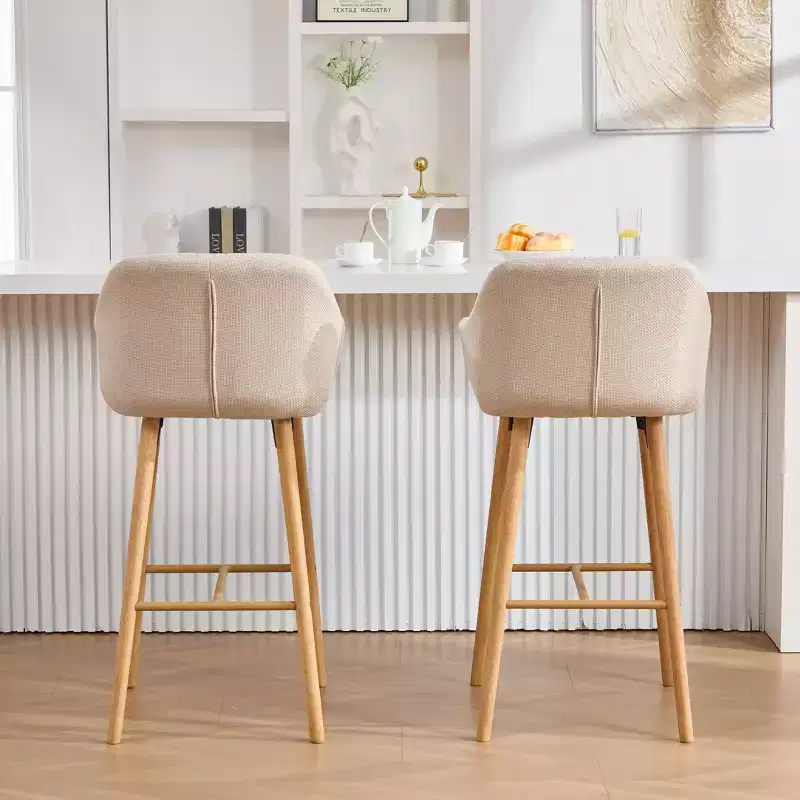 TUYOHW Modern Solid Wood Bar Stools Set of 2,Kitchen Island Tall Chairs with Armrest & Footrest,Soft Linen Fabric Counter Height Bar Stools