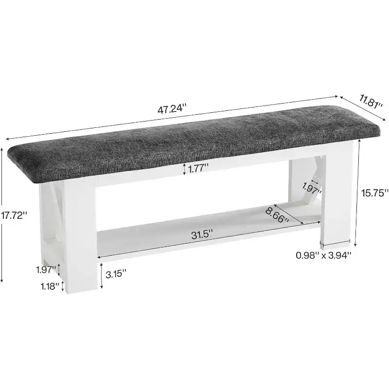 Lantine 47 Farmhouse Entryway Bench with Padded Cushion, 2-Tier Wooden Shoe Rack Storage Organizer Seat for Hallway, Living Room, Bedroom