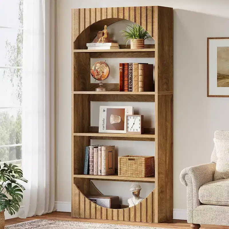 Lantine 70.8-Inch 5-Tier Tall Bookshelf, Farmhouse Wooden Bookcase with Fluted Arched Top for Living Room and Home Office