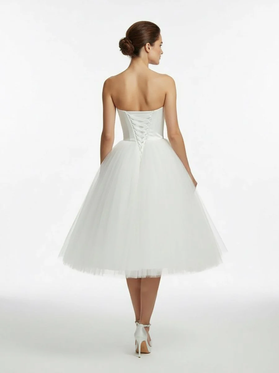Sweetheart Empire Tea-Length Tulle Wedding Dress With Lace-Up Back