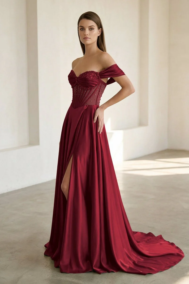 Sage Off The Shoulder A Line Satin Beaded Prom Dresses With Slit