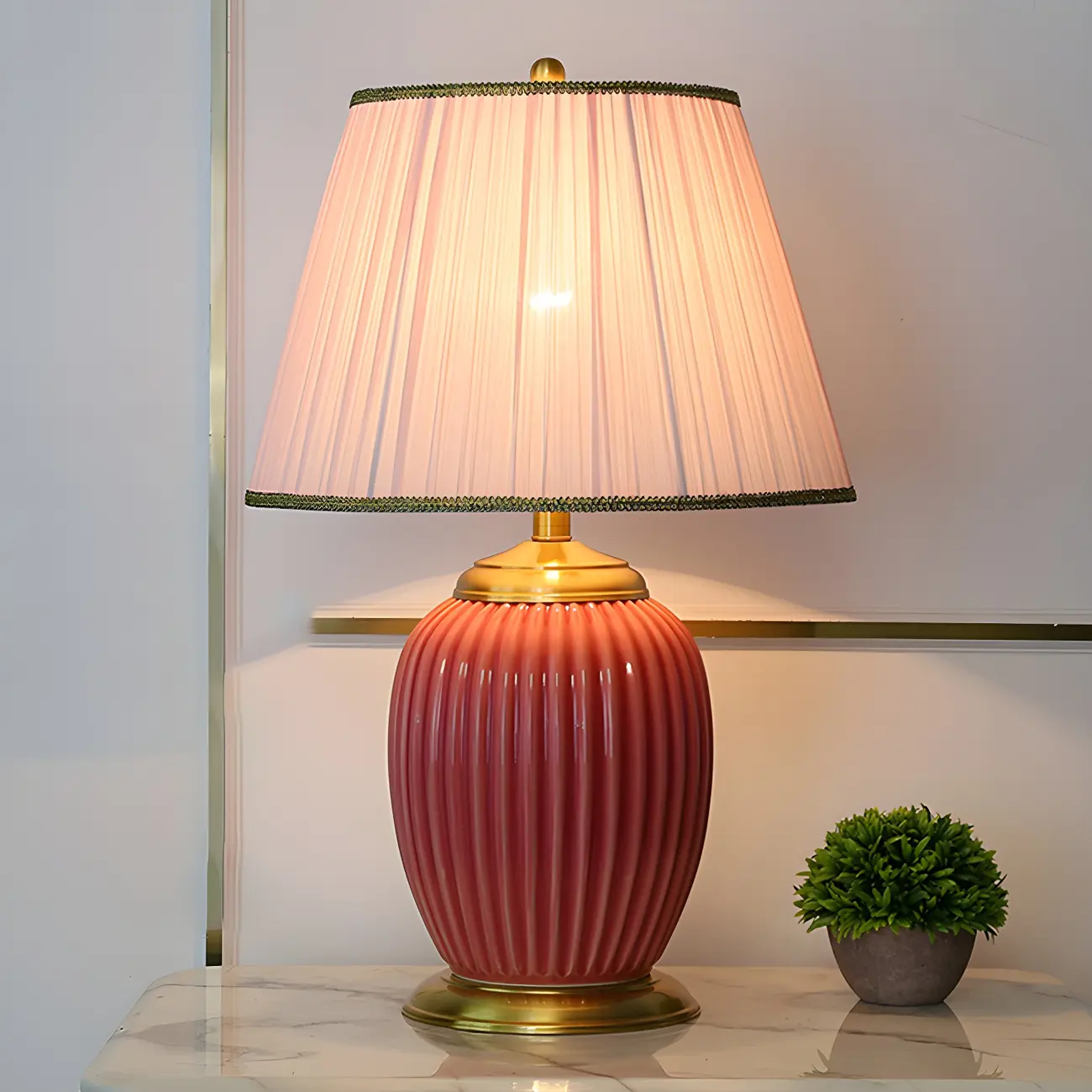 Plug-In Elegant Ceramic LED Table Lamp with Fabric Shade