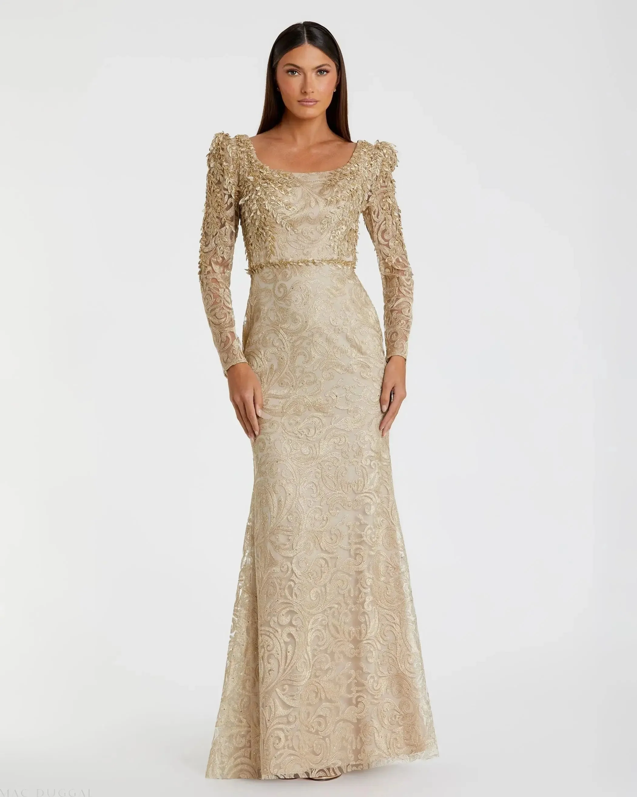 Gold Embroidered Lace Applique Shoulder Detail Trumpet Gown