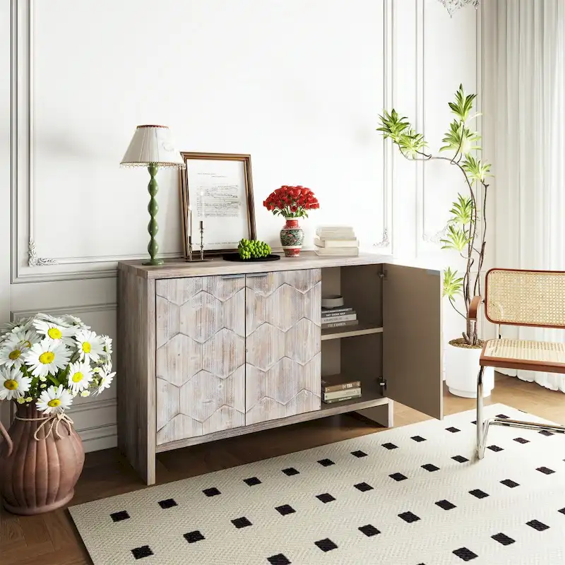 Natural Wood 3-Door Sideboard Cabinet with Fluted Doors