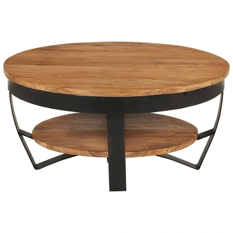 Brown Wood Coffee Table - Round Industrial Style for Living Room