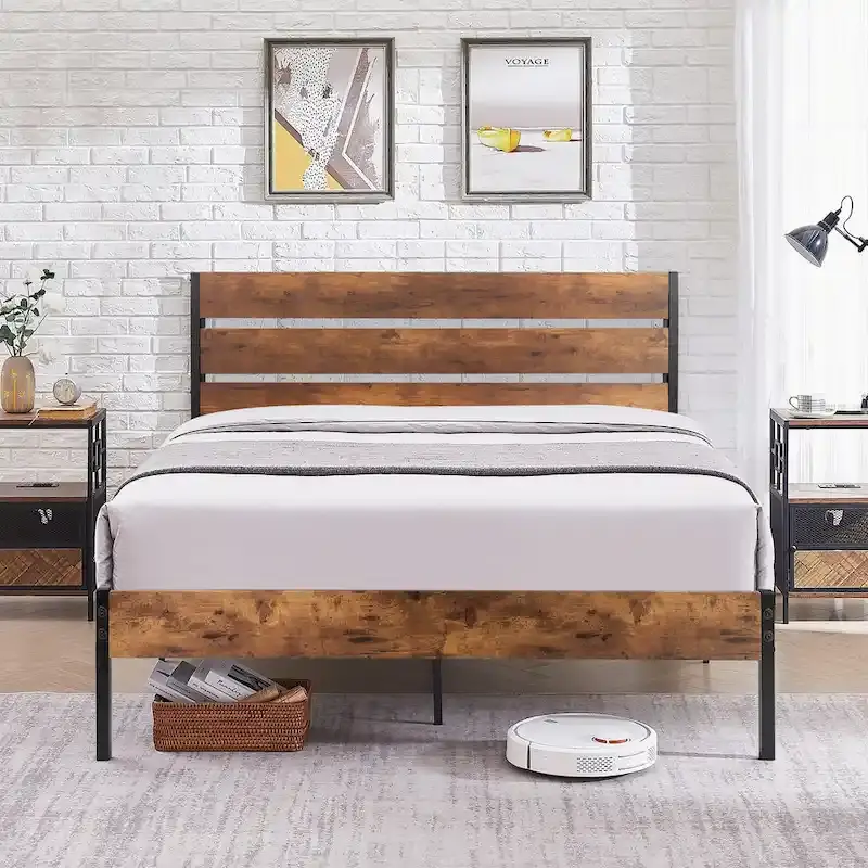 Metal Platform Bed Frame with Wood Grain Headboard – Brown / Slate / Black, Twin / Full / Queen, Single