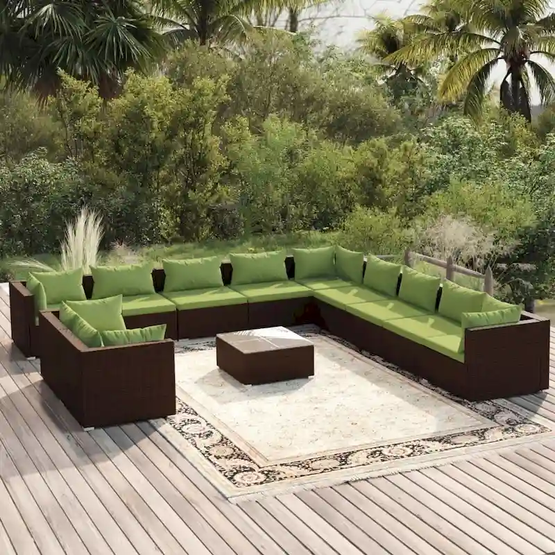 vidaXL Patio Lounge Set with Cushions Brown Poly Rattan - 27.6  x 27.6  x 24  - 27.6  x 27.6  x 24