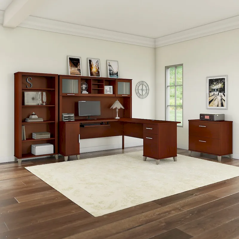 Somerset 72W L Shaped Desk with Hutch, Cabinet and Bookcase in Gray