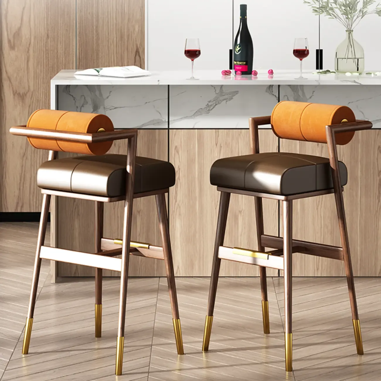 Brown Wooden Cushion Bar Stool with Backrest