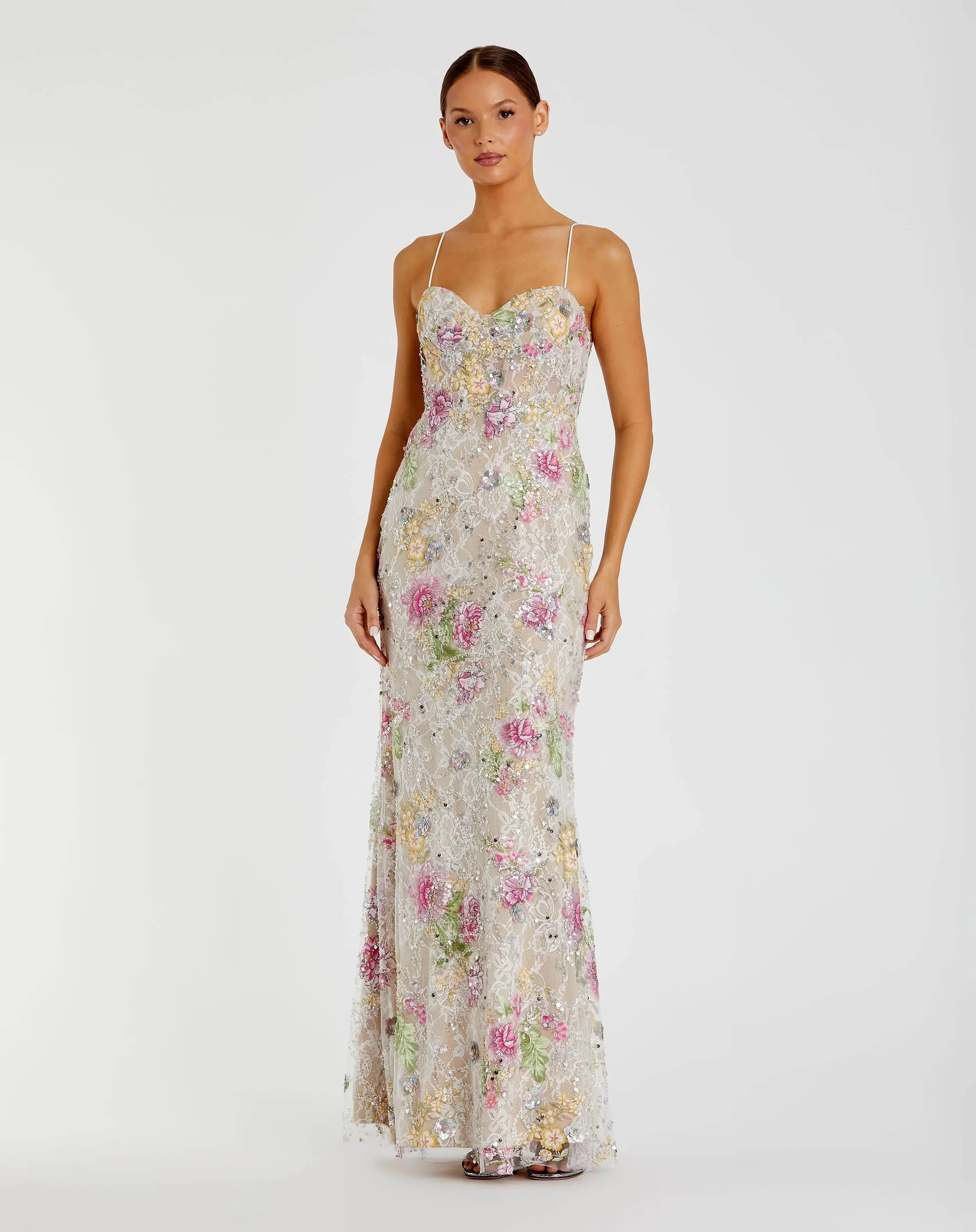 Ivory Embellished Bustier Floral Trumpet Gown