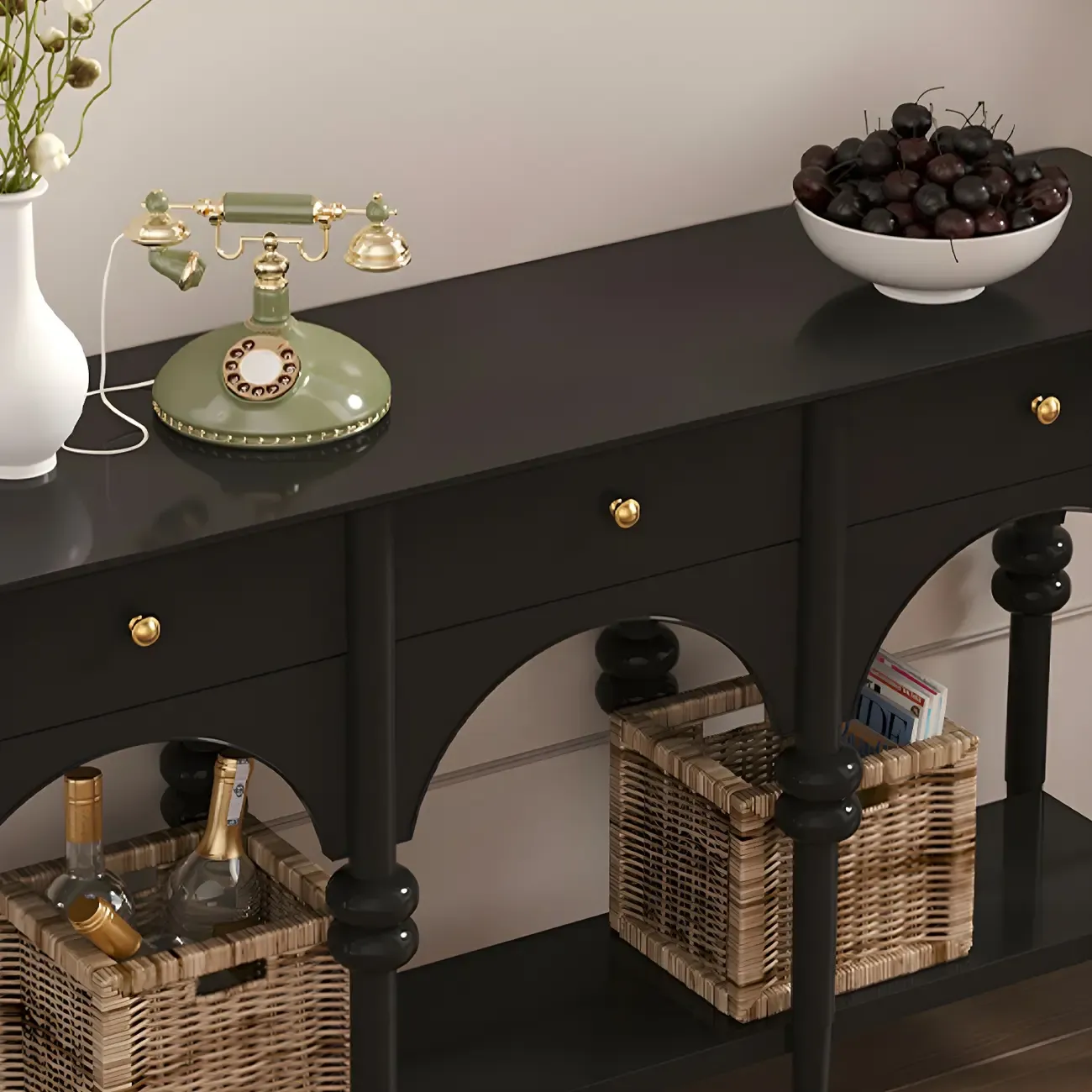 Rectangular Black Wood Console Table with Drawers