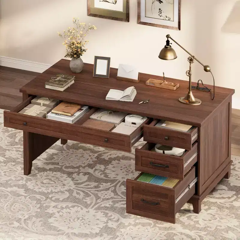 53.5 Executive Desk with 4 Drawers, Farmhouse Home Office Desk with File Cabinet, Wooden Computer Writing Desk for Study, Conference Table