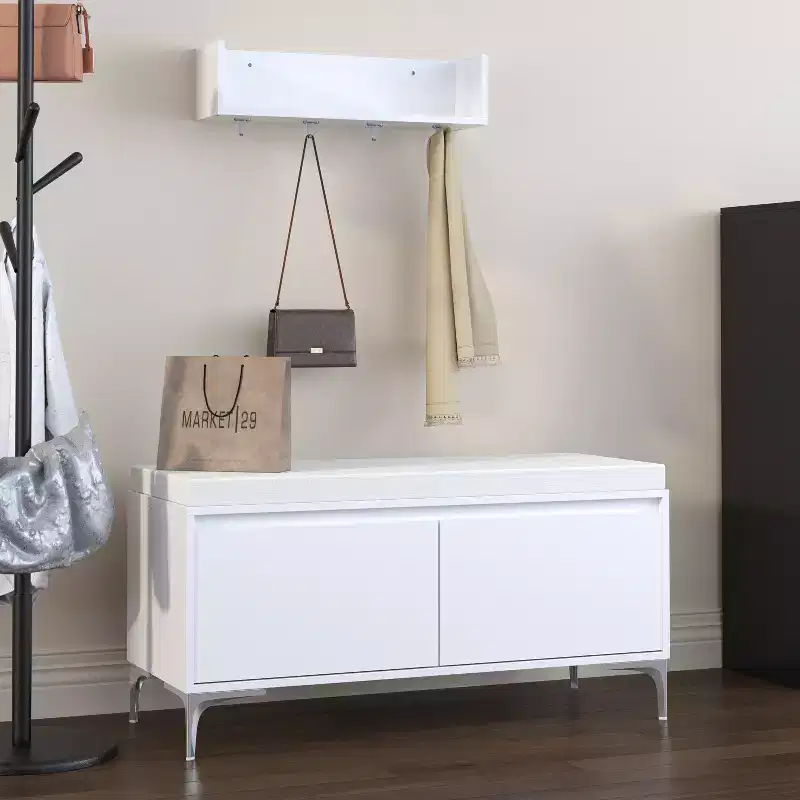 2-Piece Entryway Set: Wall-Mounted Shelf with 4 Hooks + Shoe Storage Bench with Cushion and Double-Door Cabinet, Off White