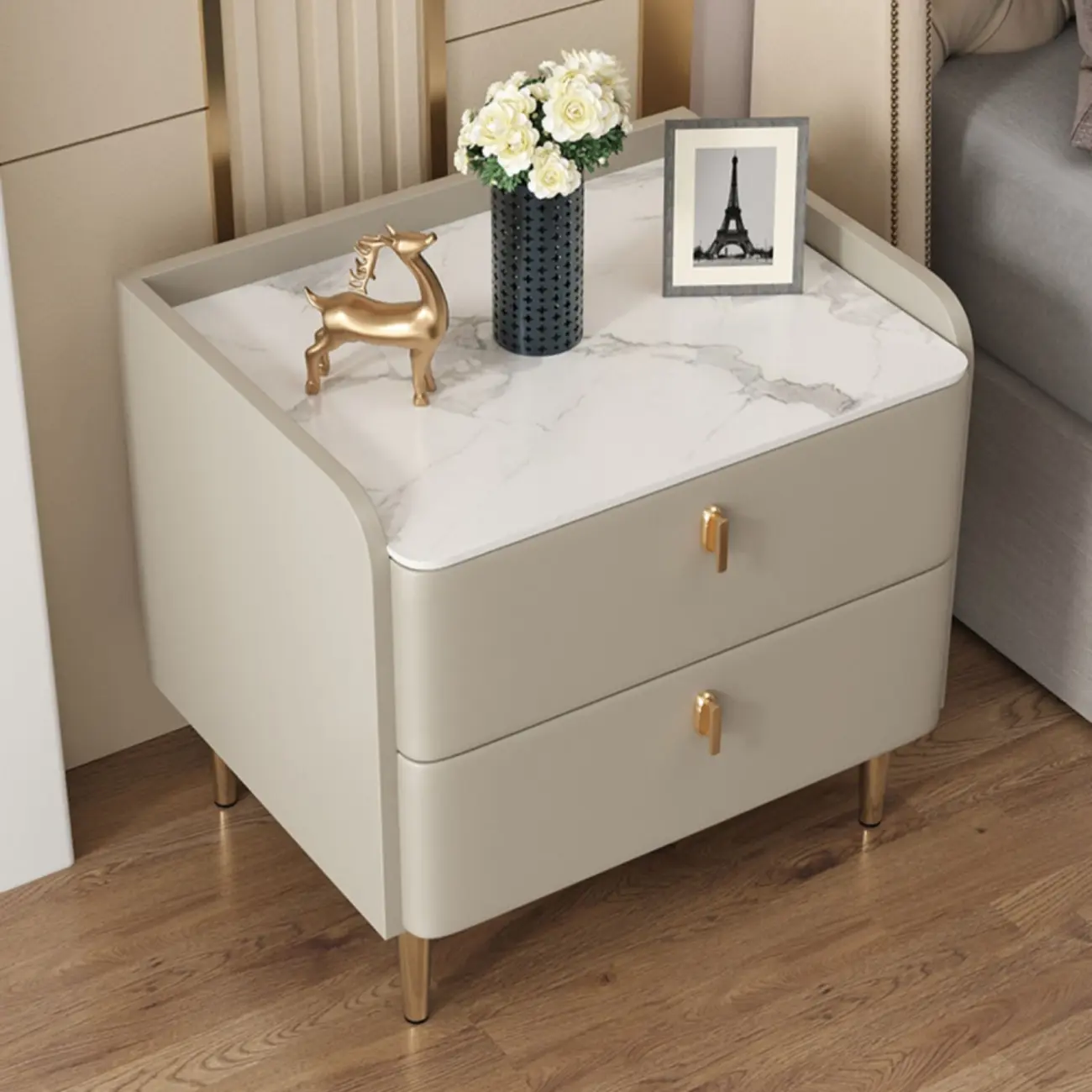 Trendy Stone Leather Gold Accents 2-Drawer Nightstand
