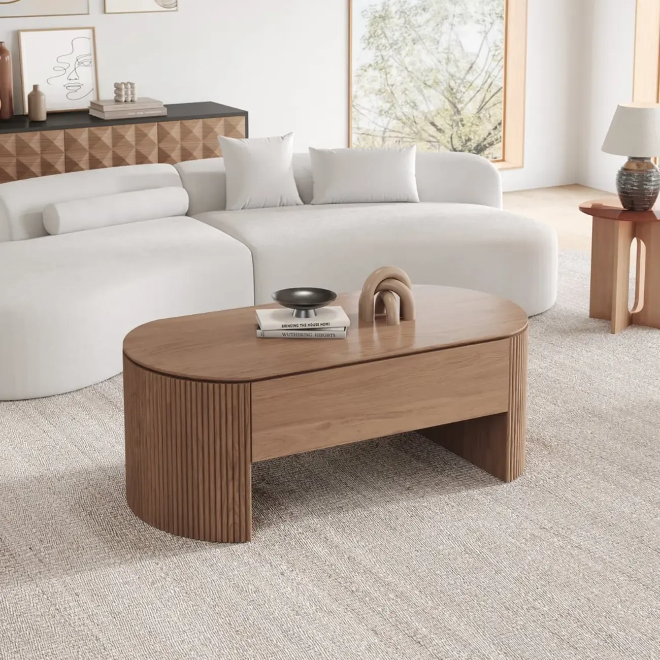 Mid-Century Modern Oval Wooden Lift-Top Coffee Table