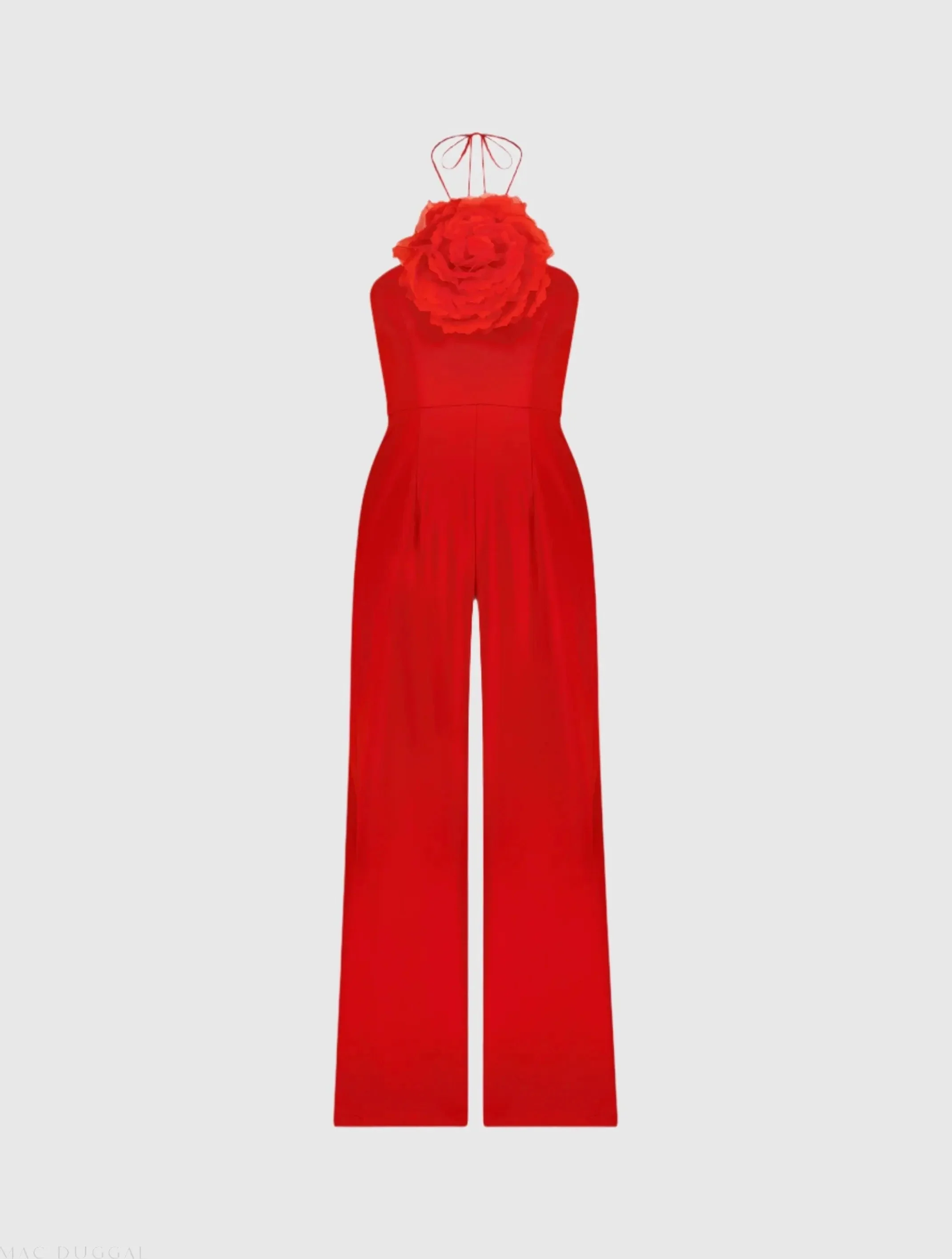Red Halter Neck Crepe Jumpsuit With Flower