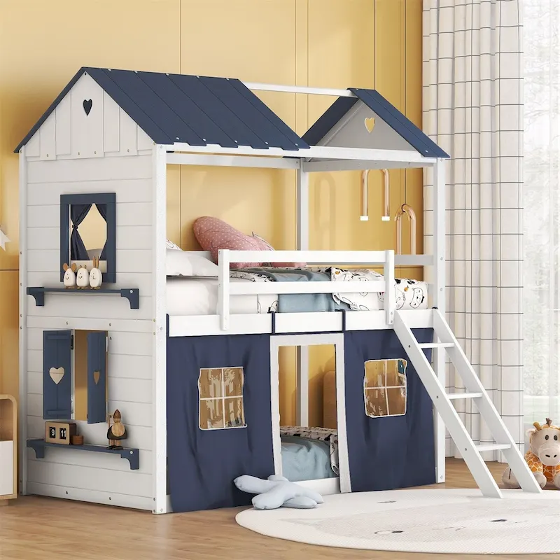 Blue+White / Pink+White House-Style Kids Bunk Bed, Twin/Full, 1-Child