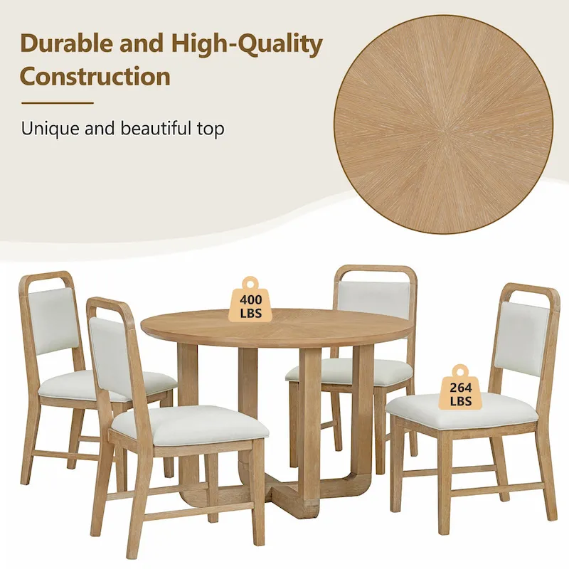5 Piece Dining Table and Chair Set, Wooden Kitchen Dining Table Set with Round Dining Table and 4 Upholstered Chairs