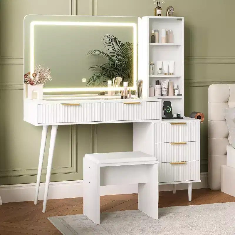 44 Fluted Vanity Desk with 36 Lighted Mirror & Power Outlet, Makeup Vanity w/3 Adjustable Light Colors, 5 Drawers, Dressing Table Set for Bedroom